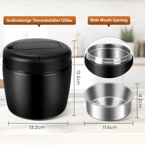 Thermobehälter für Essen 1,2L - Warmhaltsames Edelstahl-Glas, mit Löffel, Deckel &Babybreimittel, für Suppen & Porridge,