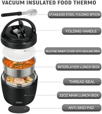 Thermobehälter für Essen 970ml, Warmhaltebehälter aus Edelstahl mit Deckel und Löffel (Schwarz)  
Thermoskanne für Suppe