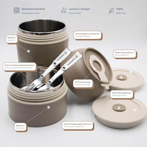 Thermobehälter für Essen 780 ml, faltbar, Edelstahl, BPAfrei, 100% auslaufsicher, doppeltes Kammer-System, für Kinder & 