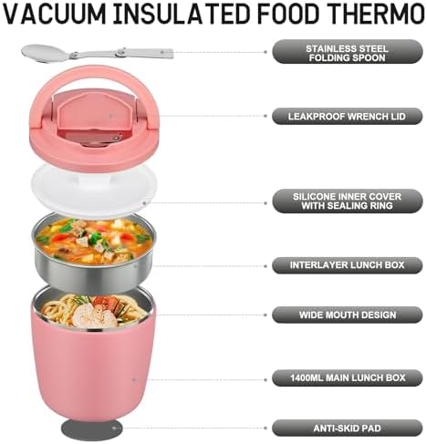ItsLife Thermobehälter für Suppen 1400ml, Edelstahl Thermoschüssel mit Deckel, Thermo Lunchbox mit Löffel, Warmhaltebehä