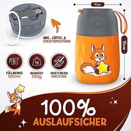 Thermobehälter für Kinder – 500ml, Orange Fuchs – Warmhaltebehälter aus Edelstahl – 100% auslaufsicher – Thermofressgläs