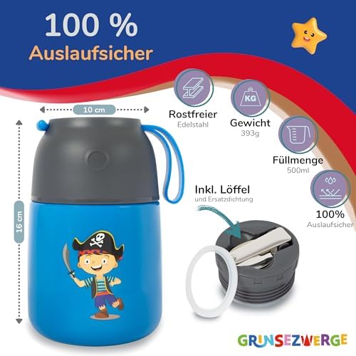 Kinder Thermobecher 500ml Speisen Getränke Warmhaltebehälter|Müslilunchbox|Thermo Lunchbox Pirat Edelstahl|Müttern|Kinde