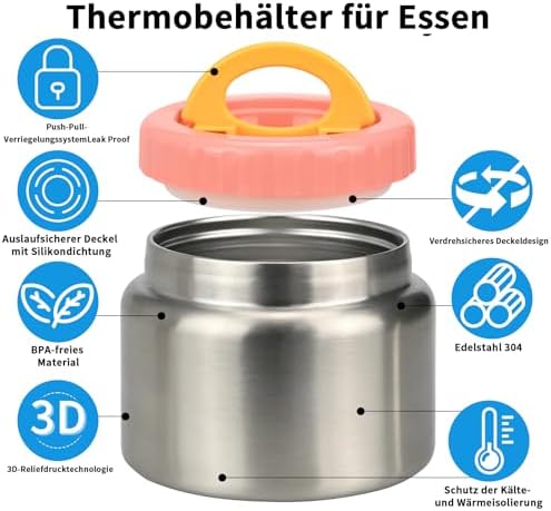 Thermobehälter für Essen Edelstahl 350ml Kinder behält ROSA Doppeldeckel Thermo Griffisolierend Vakuumisoliert