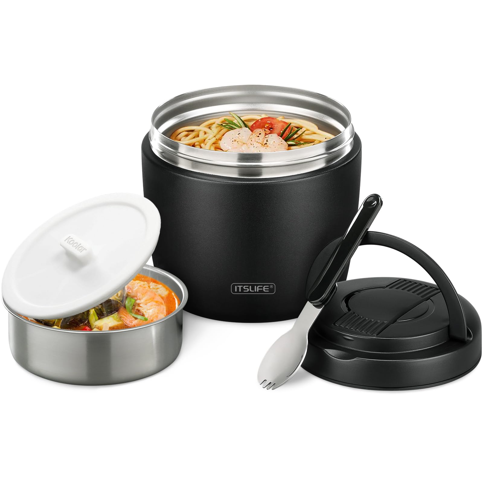 Thermobehälter für Essen 970ml, Warmhaltebehälter aus Edelstahl mit Deckel und Löffel (Schwarz)  
Thermoskanne für Suppe