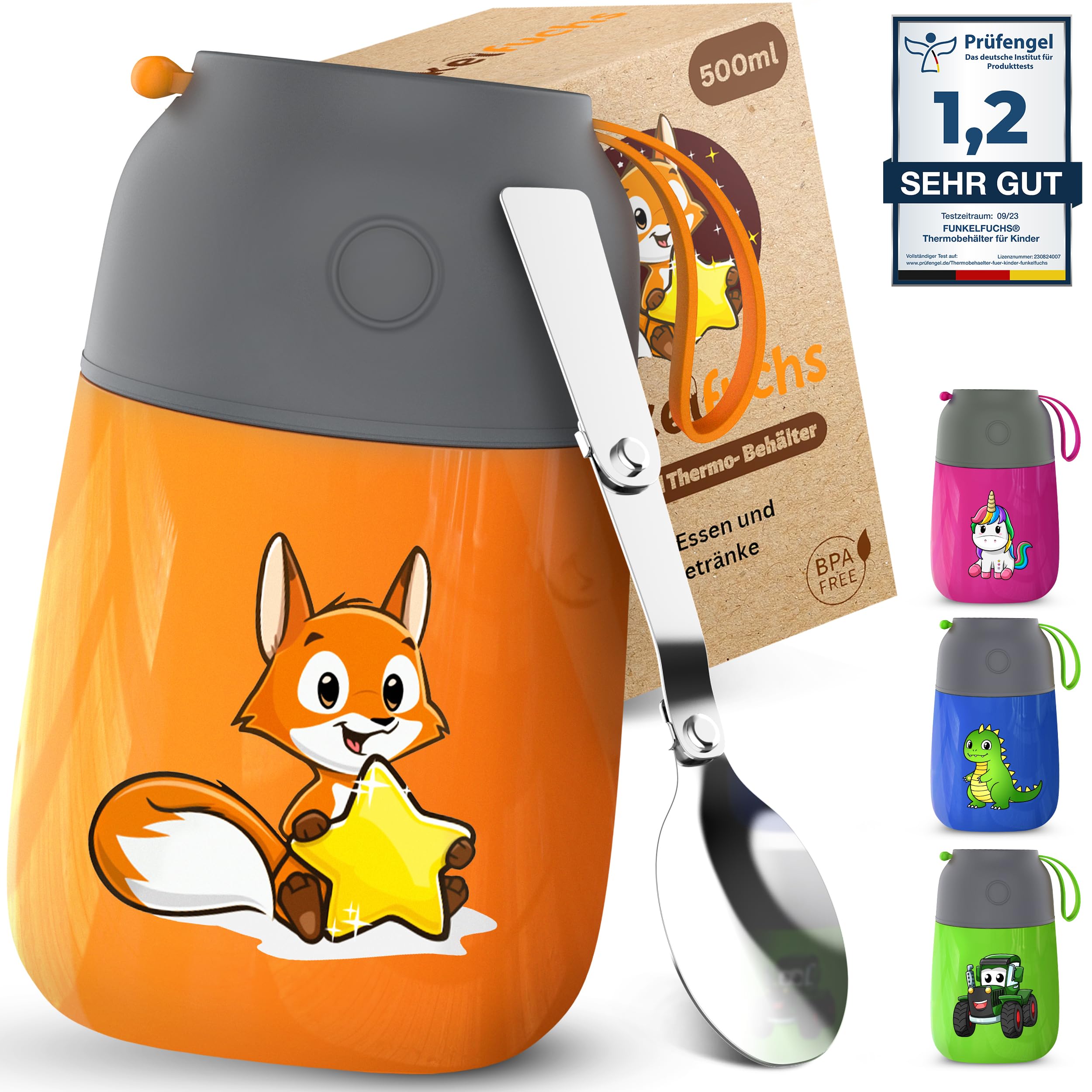 Thermobehälter für Kinder – 500ml, Orange Fuchs – Warmhaltebehälter aus Edelstahl – 100% auslaufsicher – Thermofressgläs